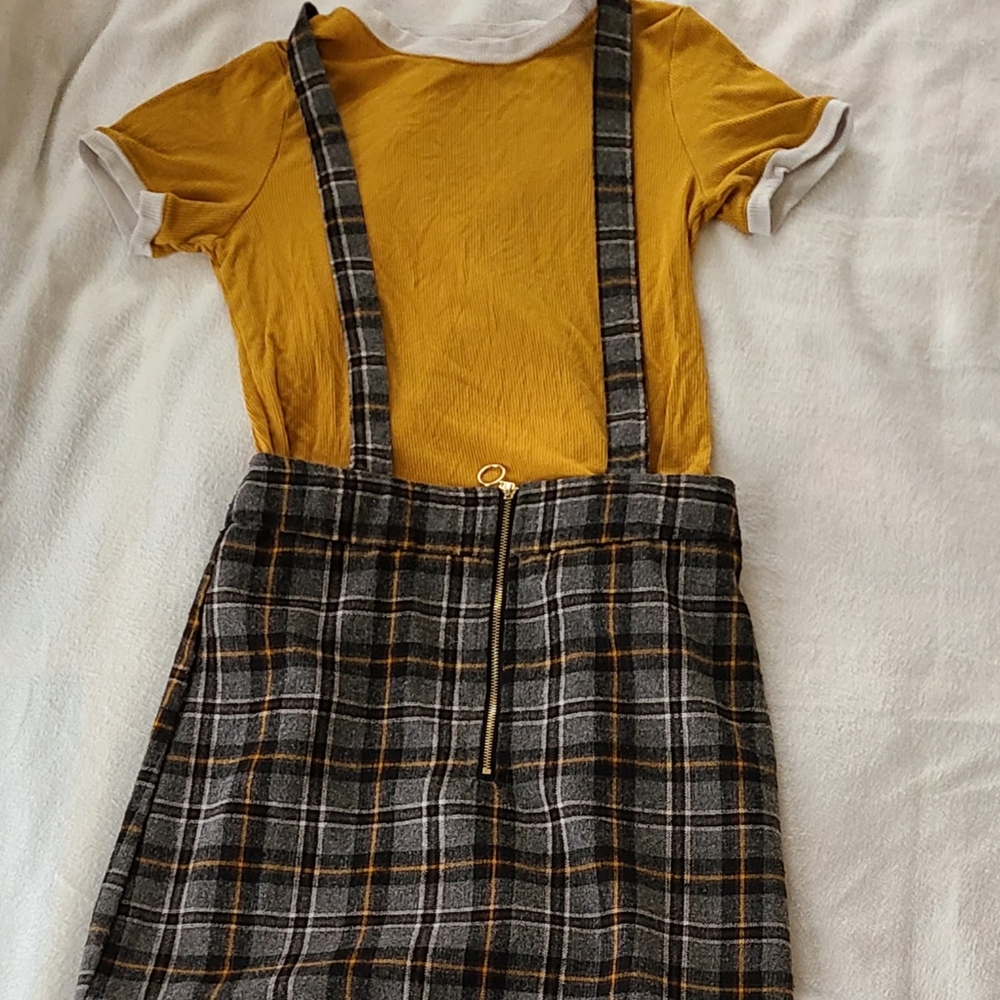 2 piece set zip up overall skirt with mustard top
